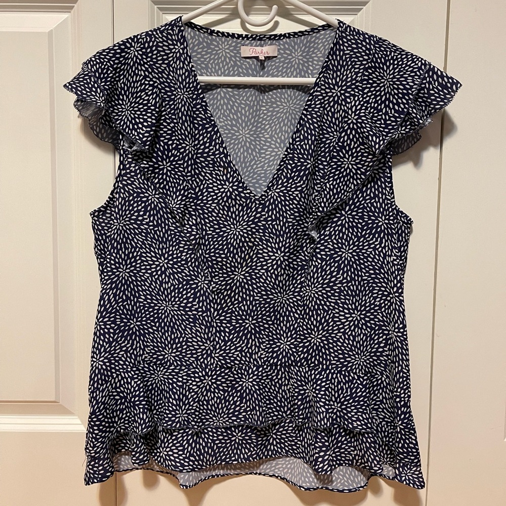 Parker ruffled blue and white floral vneck top
